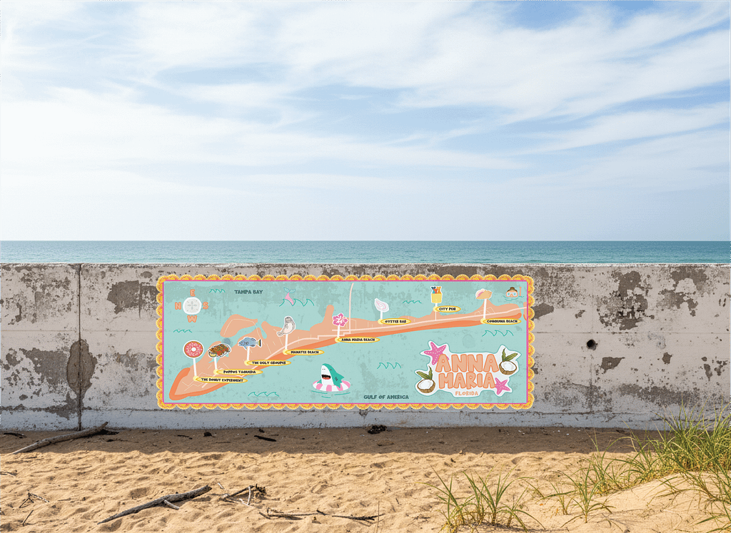 The mock up version of the map on a brick beach wall.